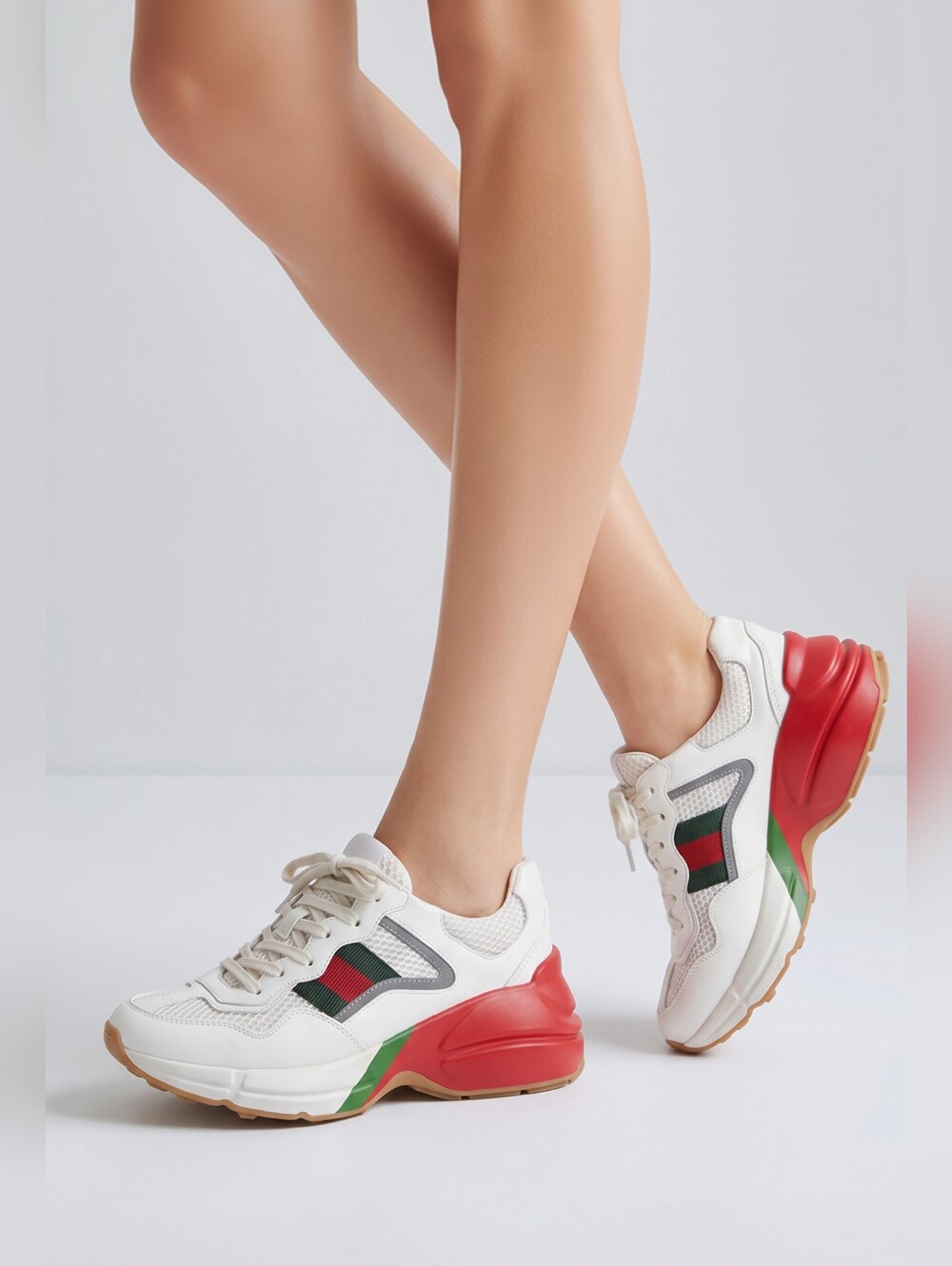 Gucci Lavaredo Eco Mesh Web & Leather Womens Rhyton Reflective Sneakers